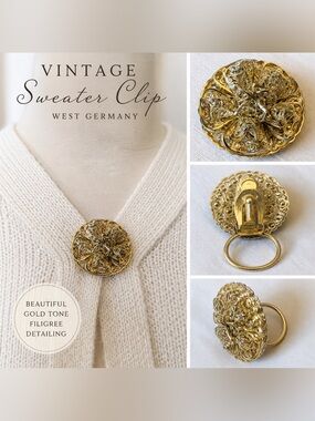 Vintage West Germany Gold Tone Filigree Scarf Clip / Sweater Guard
